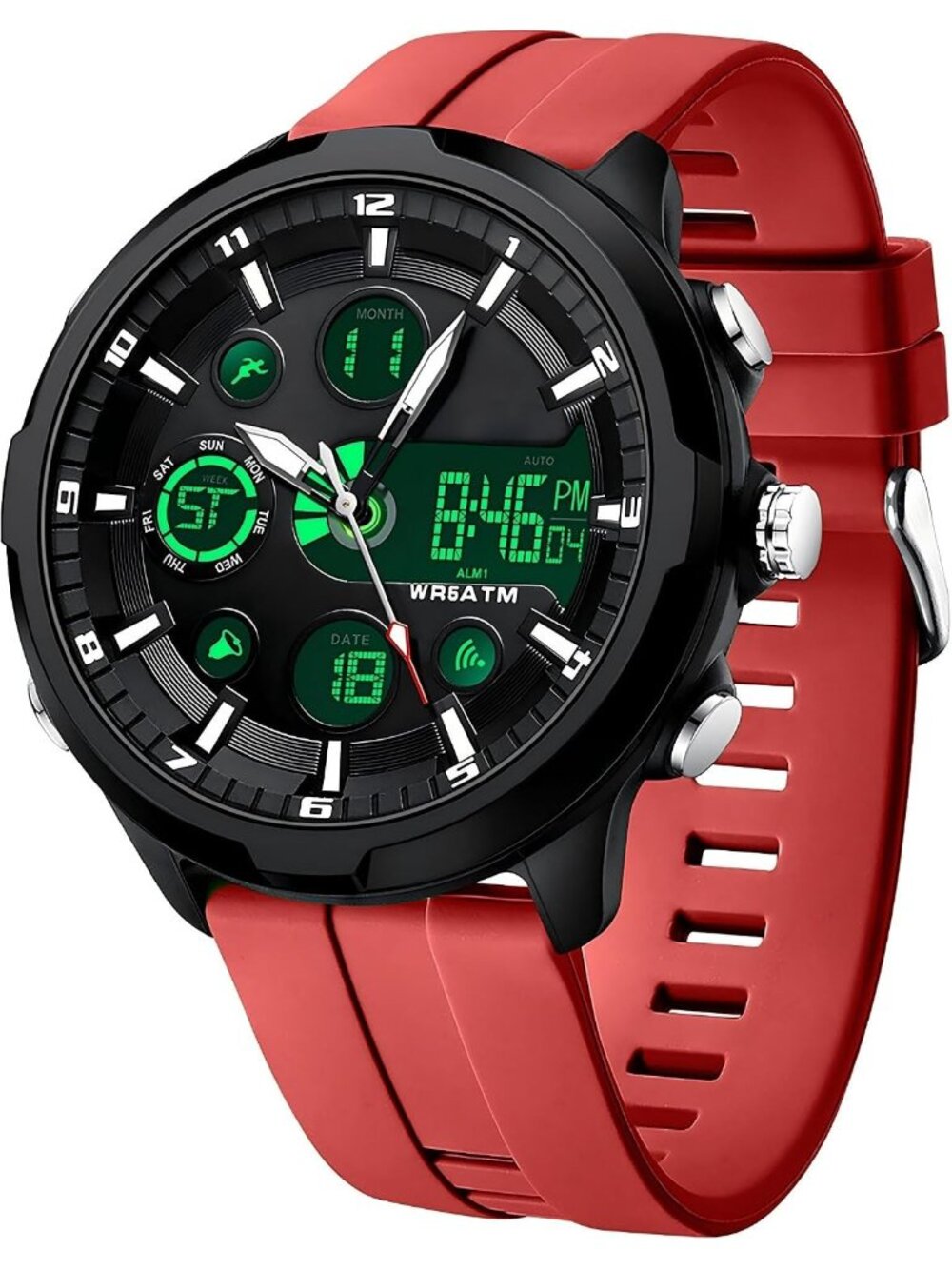 Men Red Large Face Watches Chronograph Waterproof Sport Military Heavy Duty